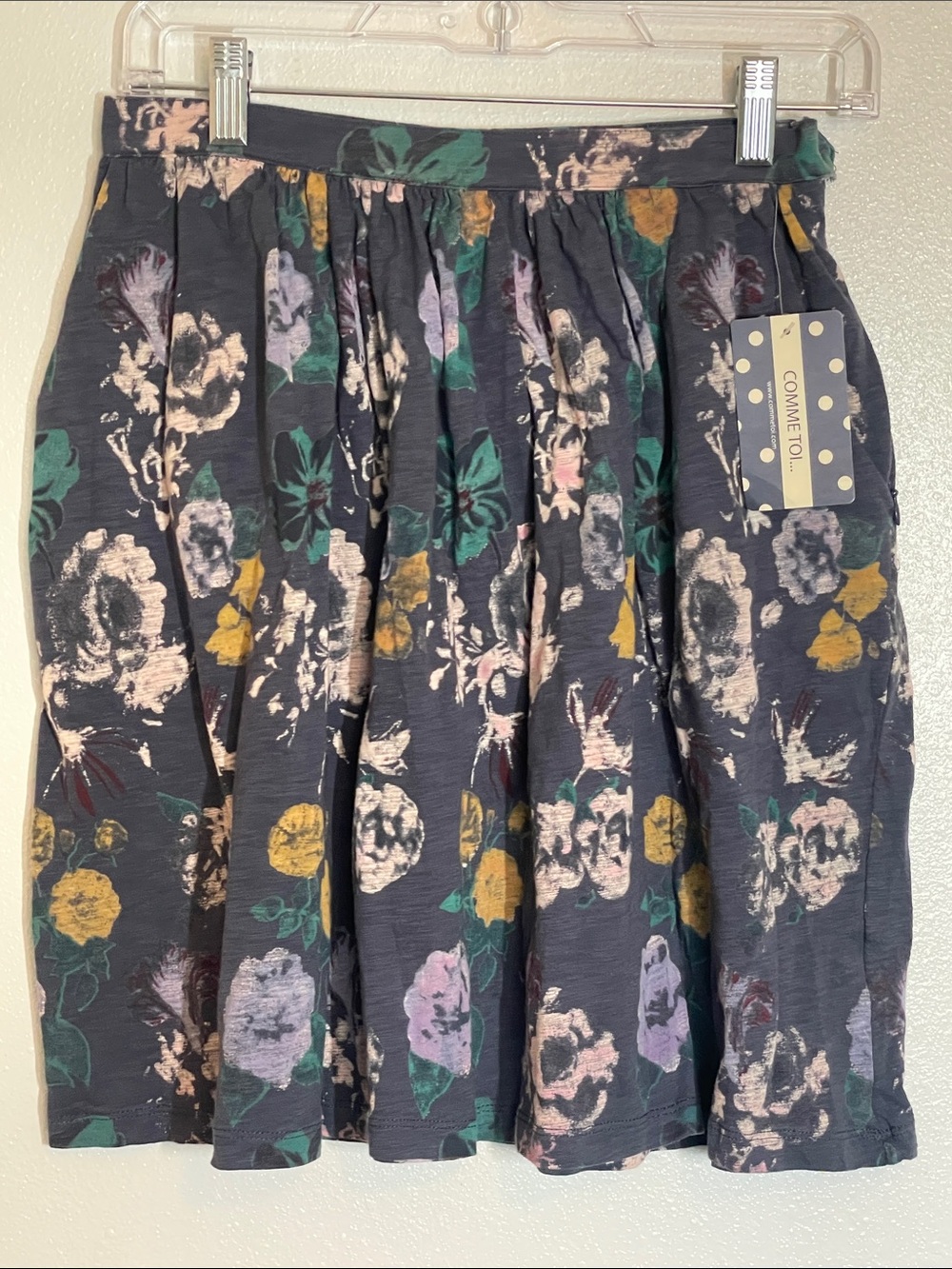 Comme Toi Floral Circle Skirt in Black with Pink, Green & Mustard Flowers